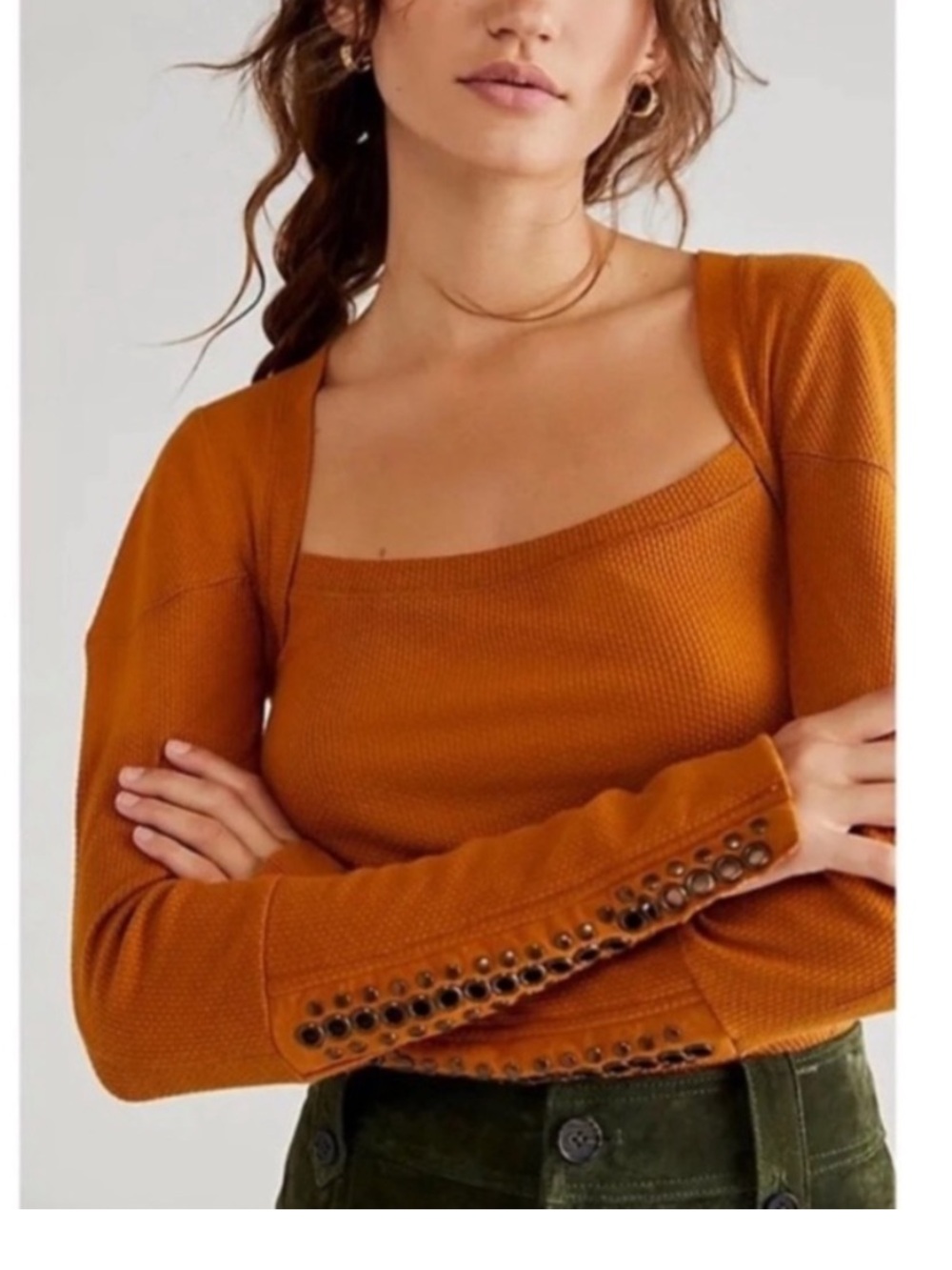 Free People A Little Unruly Longsleeve Thermal Top Rust Orange Eyelet Medium New - Picture 4 of 12